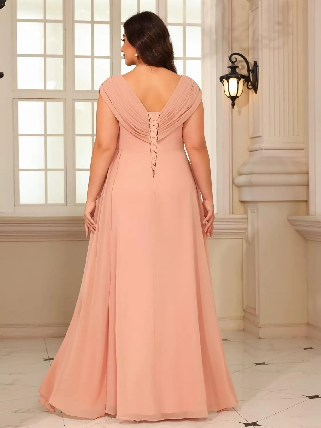 YOFF Double V Neck Mother of The Bride Dresses Sequin Lace Appliques Pleated Chiffon Formal Evening Prom Dress YO222