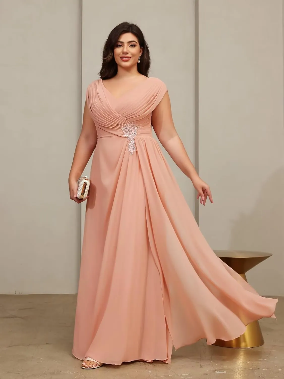 YOFF Double V Neck Mother of The Bride Dresses Sequin Lace Appliques Pleated Chiffon Formal Evening Prom Dress YO222