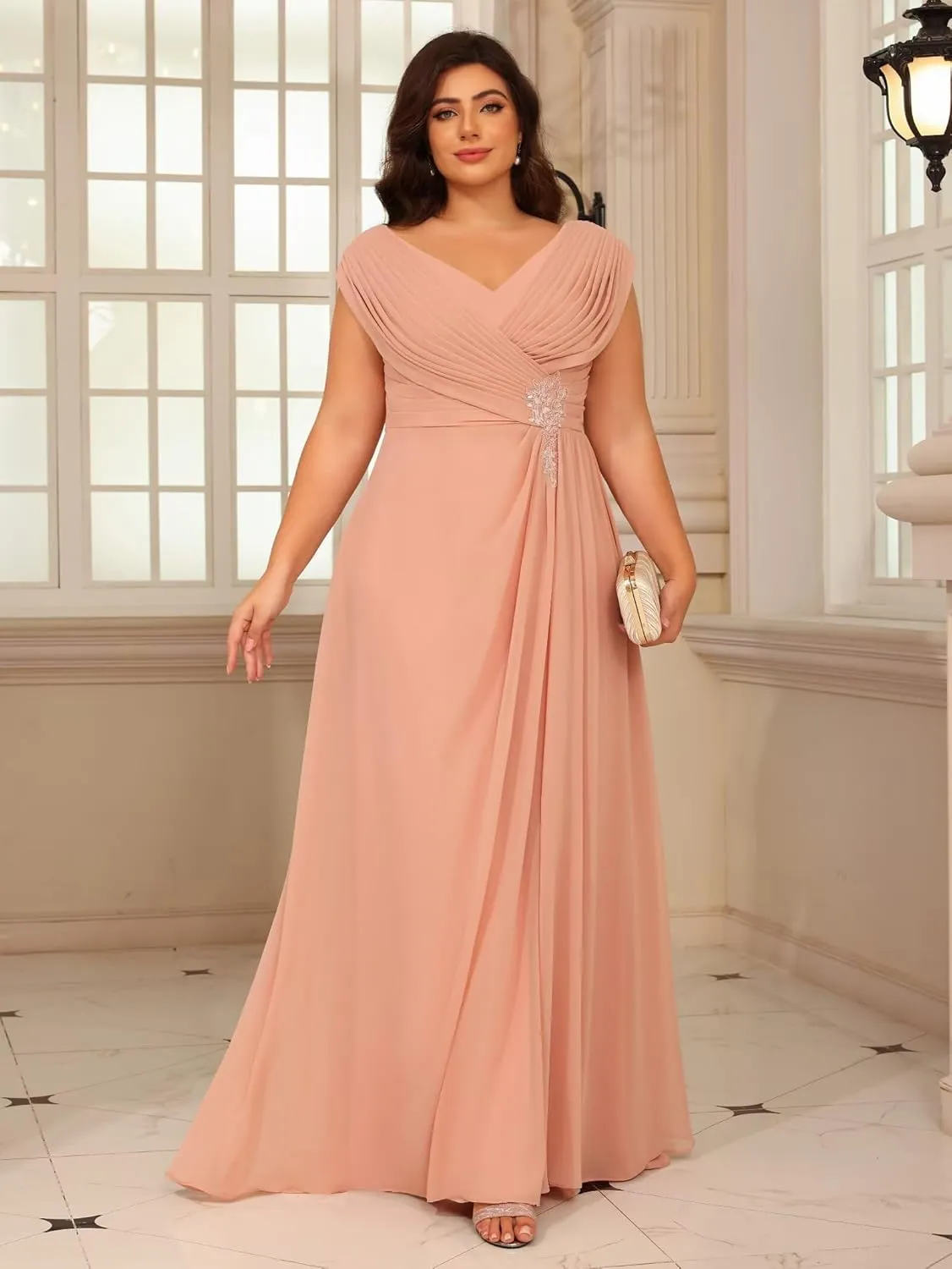 YOFF Double V Neck Mother of The Bride Dresses Sequin Lace Appliques Pleated Chiffon Formal Evening Prom Dress YO222