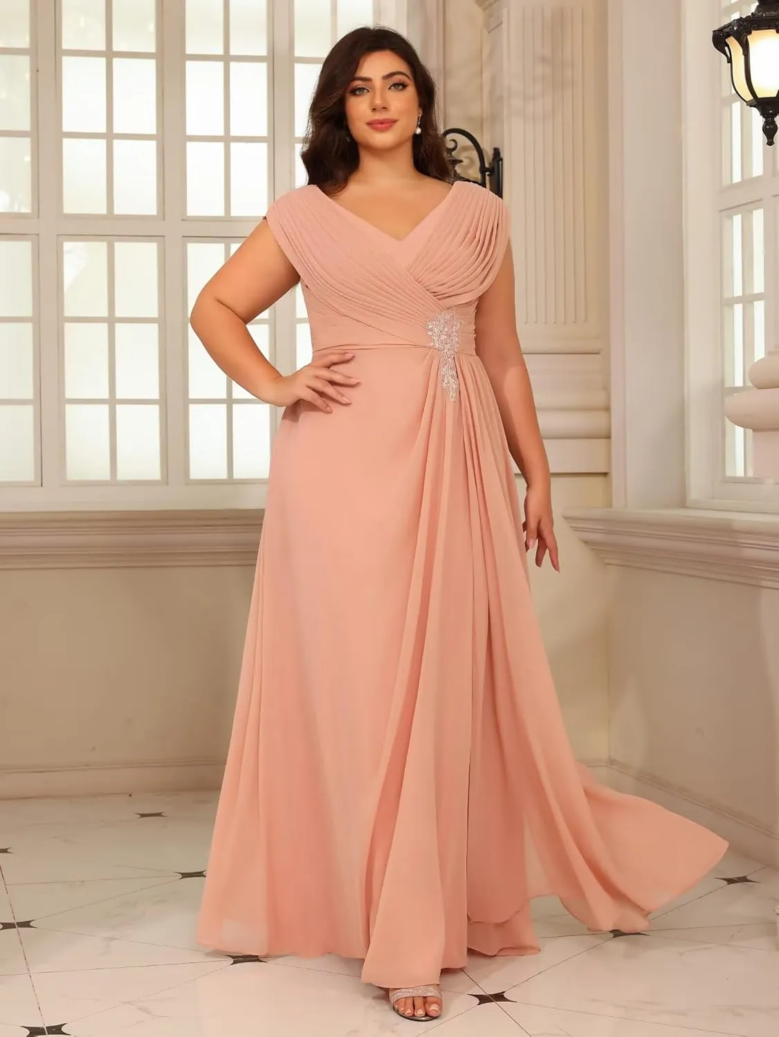 YOFF Double V Neck Mother of The Bride Dresses Sequin Lace Appliques Pleated Chiffon Formal Evening Prom Dress YO222