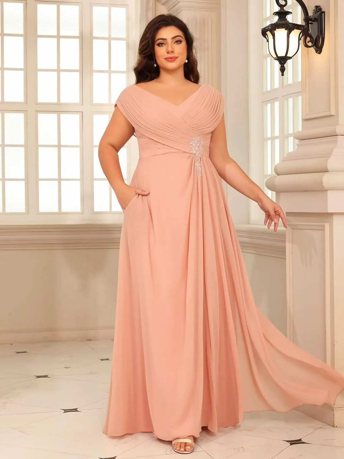 YOFF Double V Neck Mother of The Bride Dresses Sequin Lace Appliques Pleated Chiffon Formal Evening Prom Dress YO222