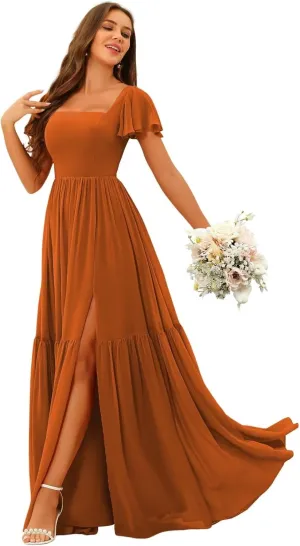 YOFF Square Neck Bridesmaid Dresses with Slit Flutter Sleeves Chiffon Long Maxi Formal Party Dresses with Pockets YO151