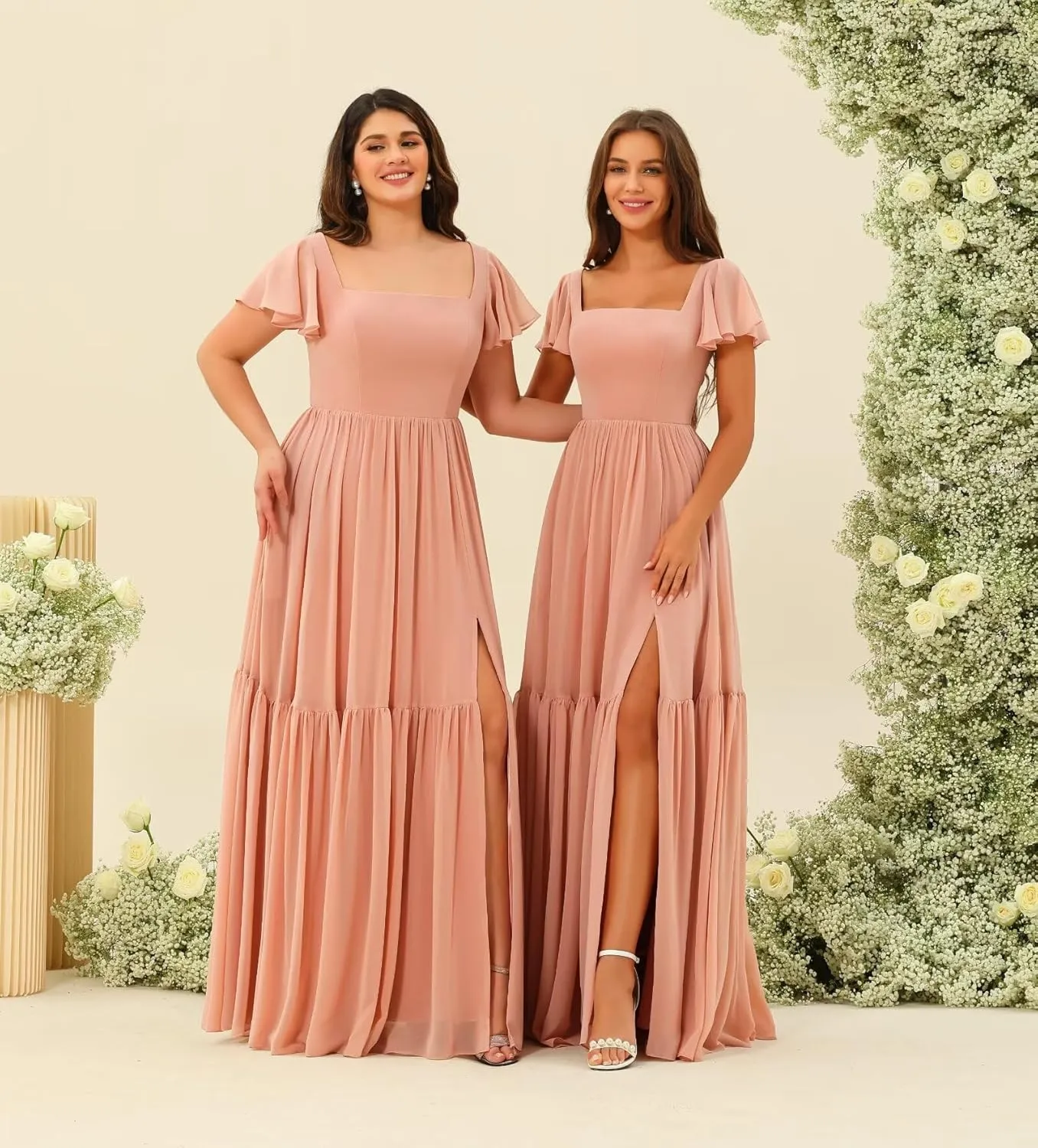 YOFF Square Neck Bridesmaid Dresses with Slit Flutter Sleeves Chiffon Long Maxi Formal Party Dresses with Pockets YO151