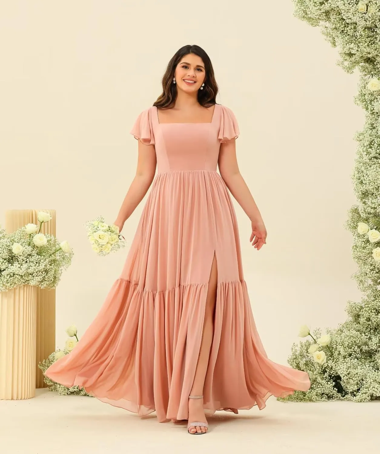 YOFF Square Neck Bridesmaid Dresses with Slit Flutter Sleeves Chiffon Long Maxi Formal Party Dresses with Pockets YO151