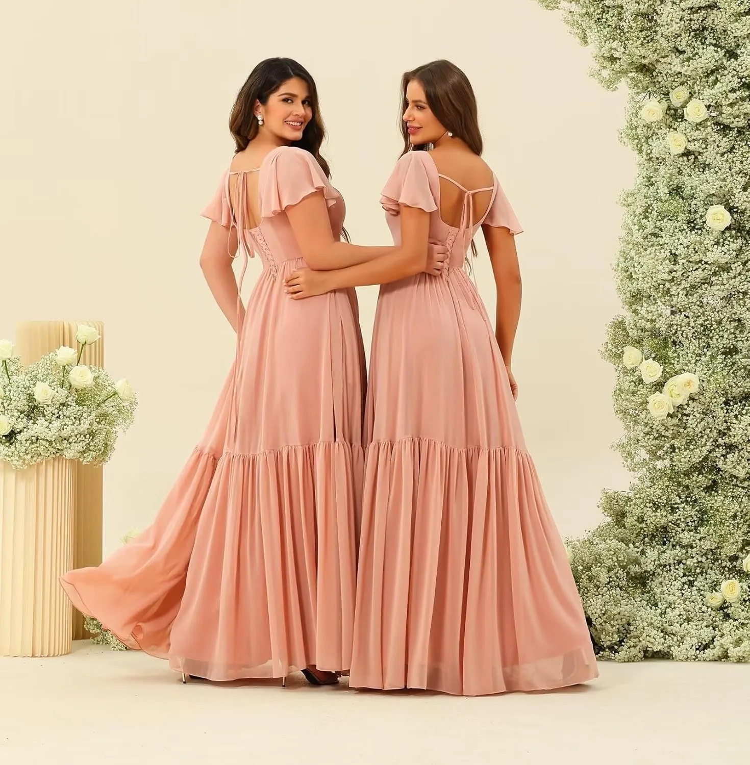 YOFF Square Neck Bridesmaid Dresses with Slit Flutter Sleeves Chiffon Long Maxi Formal Party Dresses with Pockets YO151