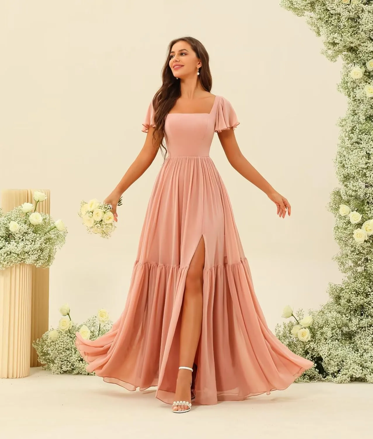 YOFF Square Neck Bridesmaid Dresses with Slit Flutter Sleeves Chiffon Long Maxi Formal Party Dresses with Pockets YO151