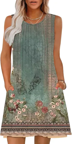 YRAETENM Dresses for Women Summer Beach Casual Sleeveless Floral Print Midi Dress Tank Loose Pleated Sundress with Pockets