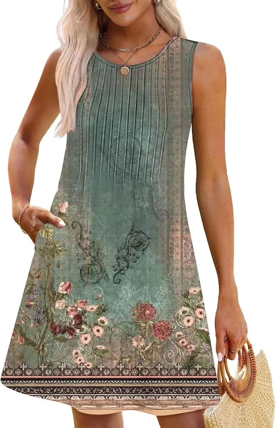 YRAETENM Dresses for Women Summer Beach Casual Sleeveless Floral Print Midi Dress Tank Loose Pleated Sundress with Pockets