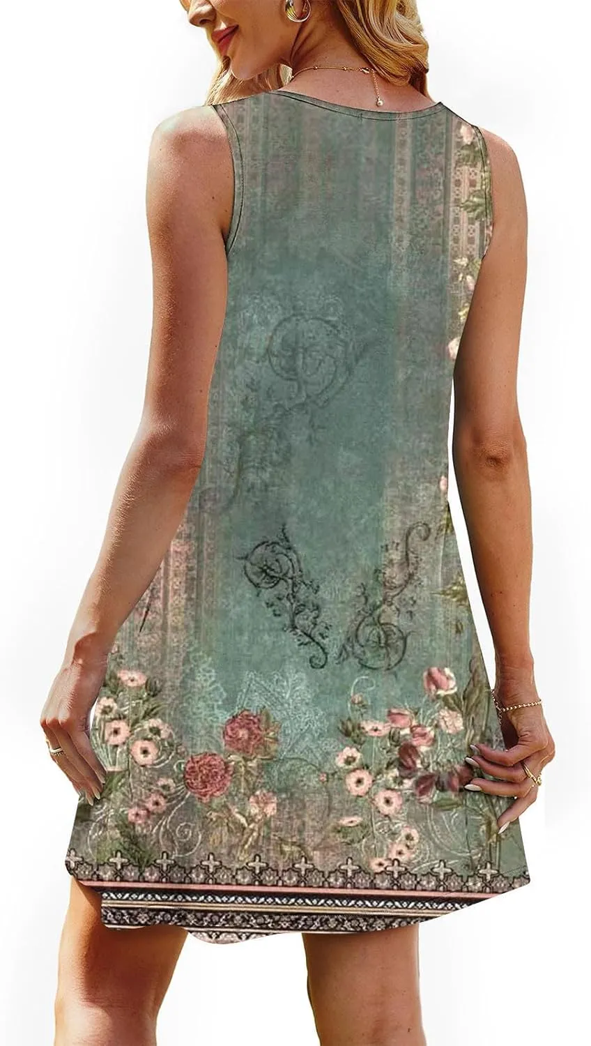 YRAETENM Dresses for Women Summer Beach Casual Sleeveless Floral Print Midi Dress Tank Loose Pleated Sundress with Pockets