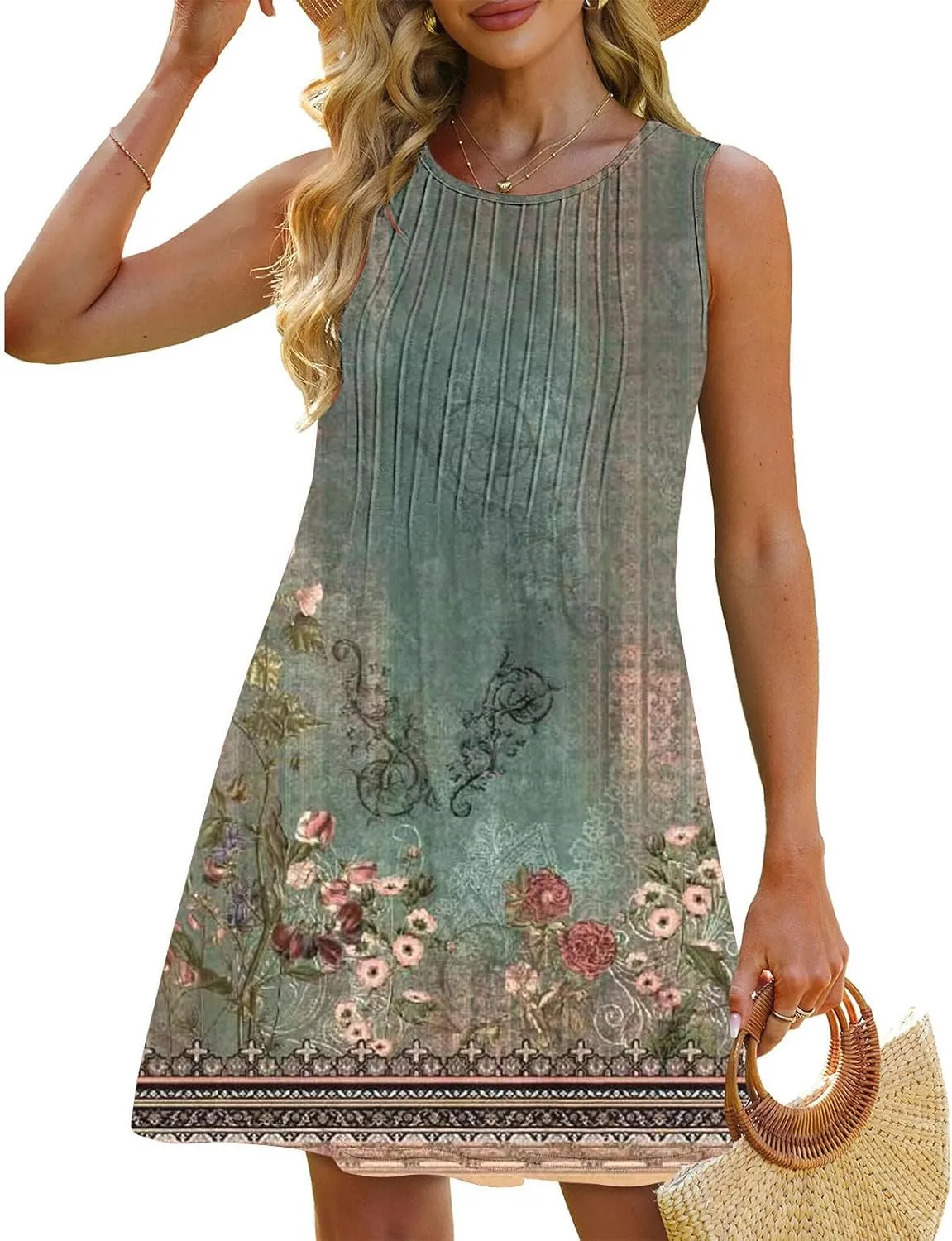YRAETENM Dresses for Women Summer Beach Casual Sleeveless Floral Print Midi Dress Tank Loose Pleated Sundress with Pockets