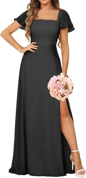 YRGERATON V Neck Chiffon Wedding Bridesmaid Dresses Short Sleeve Formal Evening Prom Princess Ball Gown with Slit JF343