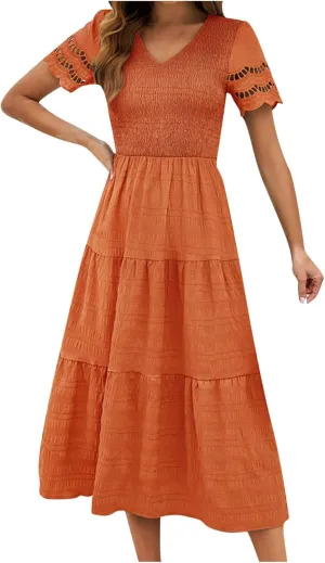 ZDRZK Womens Summer Dresses Short Sleeve Tiered Flowy Smocked Long Sundresses 2024 Vacation Trendy V-Neck Casual Midi Dress