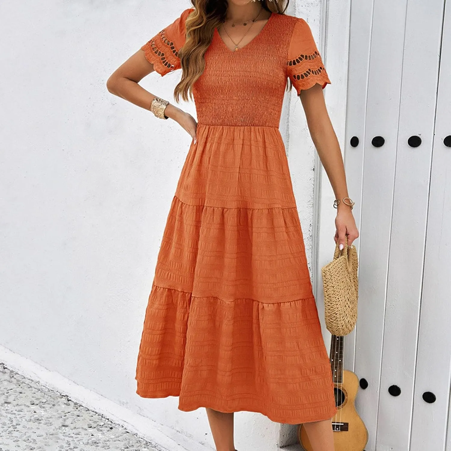 ZDRZK Womens Summer Dresses Short Sleeve Tiered Flowy Smocked Long Sundresses 2024 Vacation Trendy V-Neck Casual Midi Dress