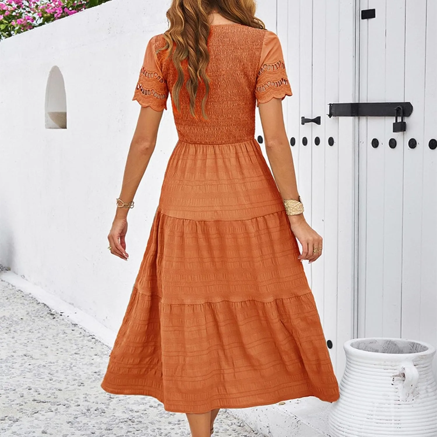 ZDRZK Womens Summer Dresses Short Sleeve Tiered Flowy Smocked Long Sundresses 2024 Vacation Trendy V-Neck Casual Midi Dress