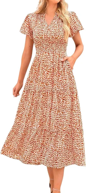 ZYXTIM Woman's Floral V Neck Boho Dress Short Sleeve A-Line Flowy Maxi Beach Vacation Dresses High Waist Wedding Guest Skirts