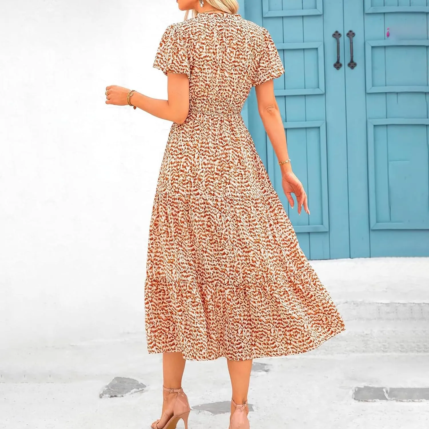 ZYXTIM Woman's Floral V Neck Boho Dress Short Sleeve A-Line Flowy Maxi Beach Vacation Dresses High Waist Wedding Guest Skirts