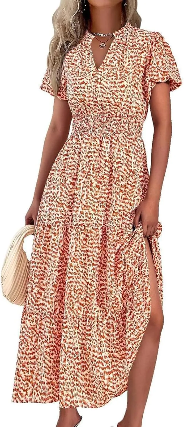 ZYXTIM Woman's Floral V Neck Boho Dress Short Sleeve A-Line Flowy Maxi Beach Vacation Dresses High Waist Wedding Guest Skirts