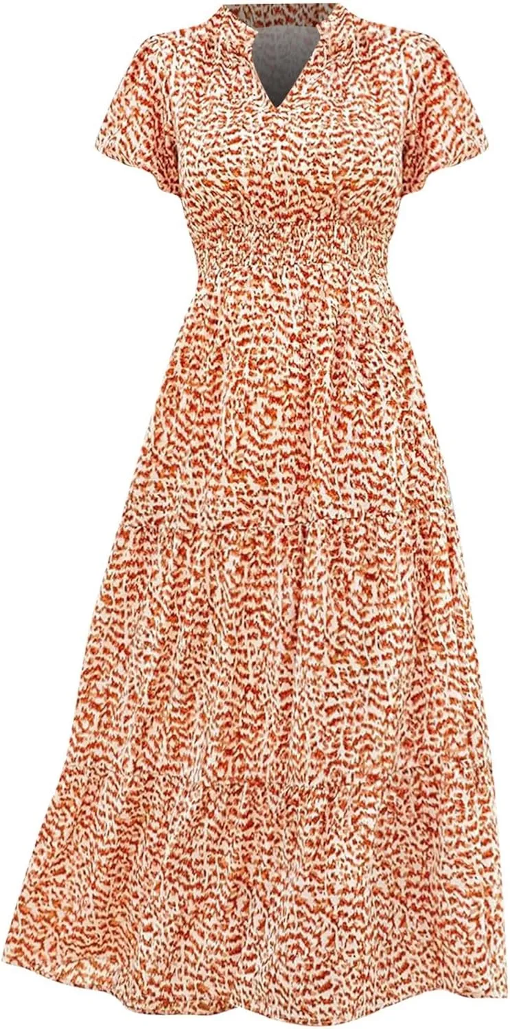 ZYXTIM Woman's Floral V Neck Boho Dress Short Sleeve A-Line Flowy Maxi Beach Vacation Dresses High Waist Wedding Guest Skirts