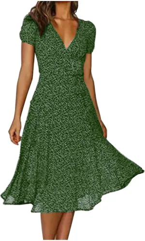 ZYXTIM Women's Elegant V Neck Summer Boho Dress Floral Print Short Sleeve Elastic Waist Flowy Dress Travel Vacation Outfits
