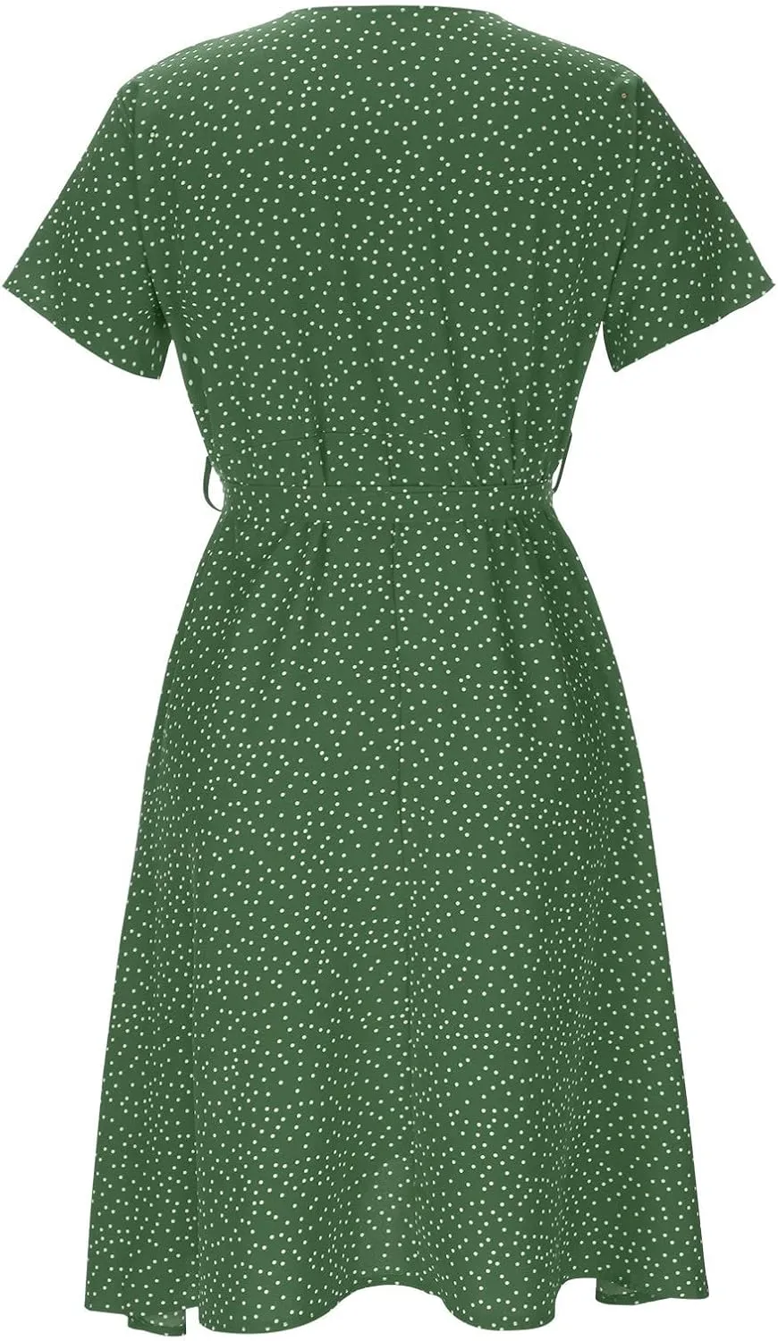ZYXTIM Women's Elegant V Neck Summer Boho Dress Floral Print Short Sleeve Elastic Waist Flowy Dress Travel Vacation Outfits