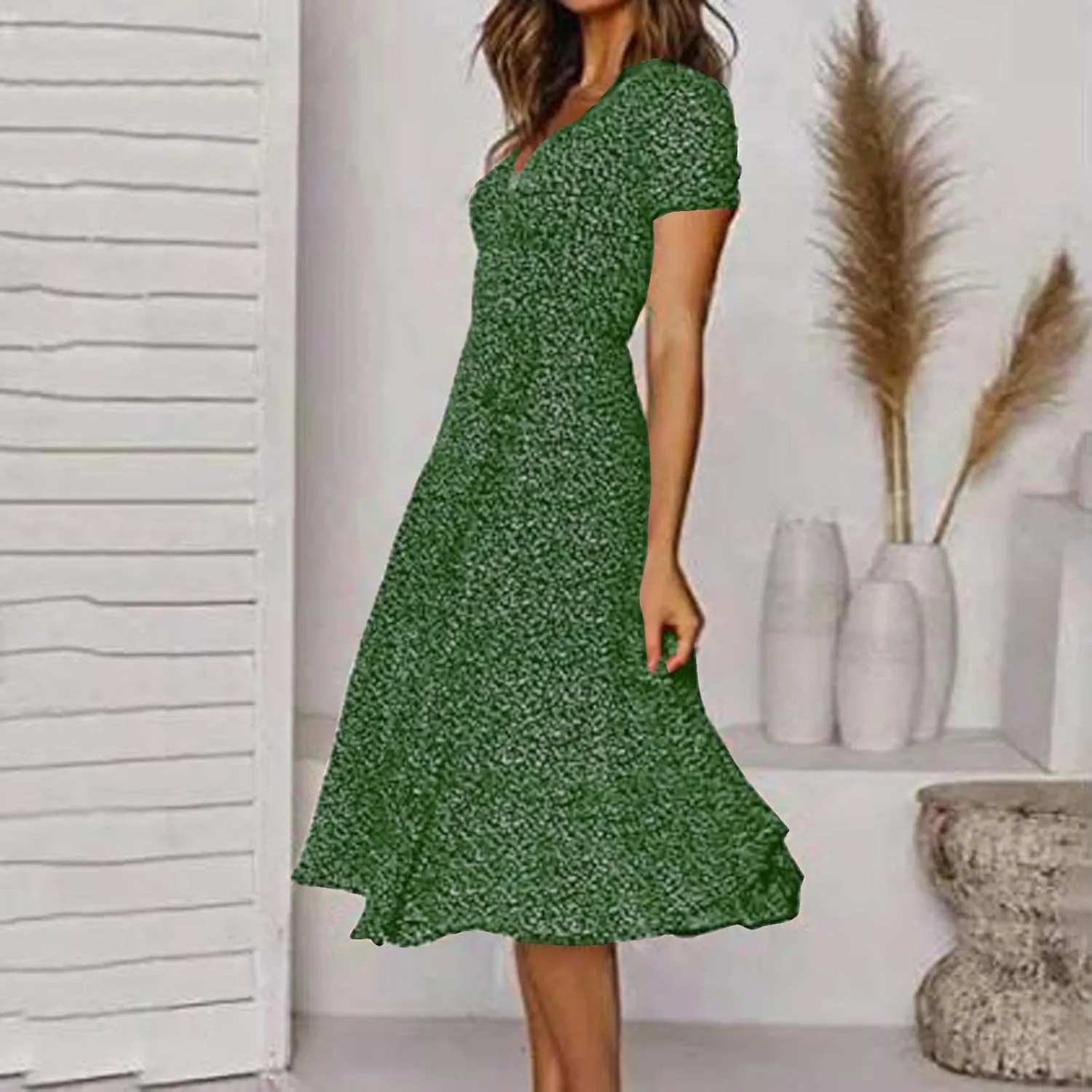 ZYXTIM Women's Elegant V Neck Summer Boho Dress Floral Print Short Sleeve Elastic Waist Flowy Dress Travel Vacation Outfits