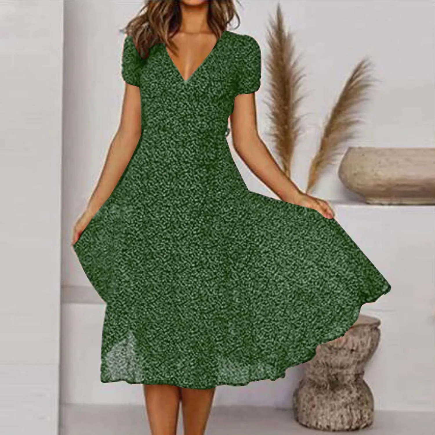 ZYXTIM Women's Elegant V Neck Summer Boho Dress Floral Print Short Sleeve Elastic Waist Flowy Dress Travel Vacation Outfits